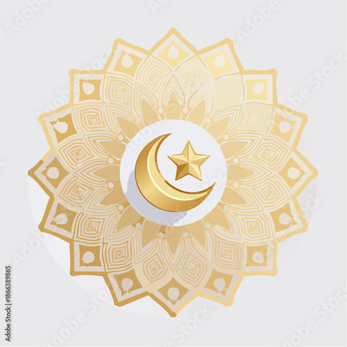 Golden Islamic Symbol with Crescent Moon and Star Mandala Design.