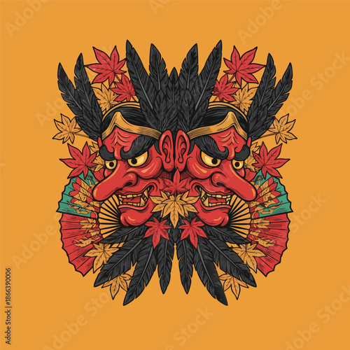 Japanese Oni Mask with Maple Leaves and Feathers.