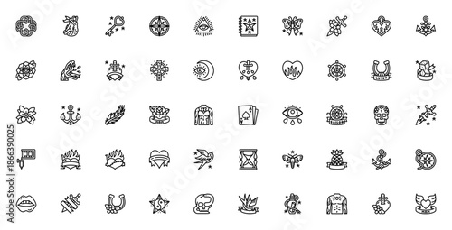 Tattoo icon set. Vector tattoo symbols collection. Includes Celtic, Mermaid, Skull, Heart, Compass, Anchor, Rose, Sword, Butterfly and more. Editable line art.