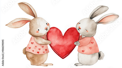 Whimsical folk watercolor illustration of two bunnies holding a heart-shaped box of chocolate, hygge cottagecore aesthetic, children book whimsical illustration, soft blush and sag
