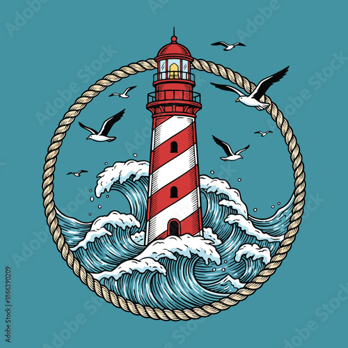 Lighthouse in rough seas with seagulls and rope border.