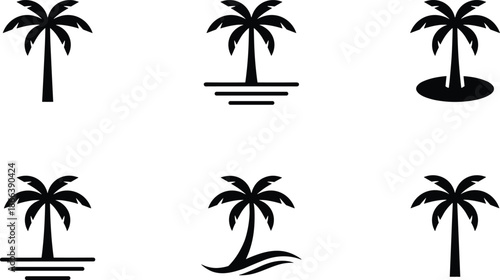 Palm tree silhouette icon set tropical island summer beach nature black vector symbol collection design