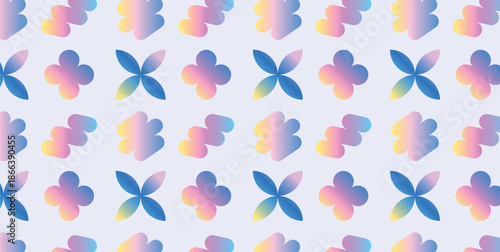 Abstract Gradient Seamless Pattern with Colorful Petal, Clover and Soft Geometric Shapes. Futuristic Mesh Design elements for Wallpaper, Textile or Digital Art Backgrounds. Vector Illustration.