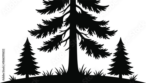 Pine forest silhouette vector illustration, tall evergreen trees landscape scene, minimal black and white woodland nature design