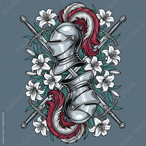 Medieval Knight Armor and Swords with Lilies.