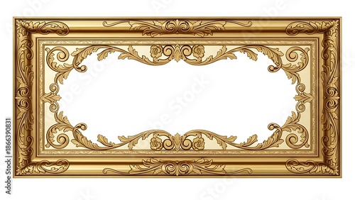 Elegant golden panoramic picture frame with intricate baroque ornamentation