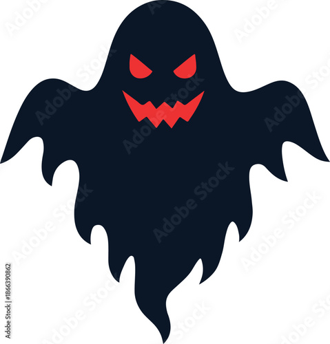 A spooky black ghost with a menacing red grin and glowing eyes