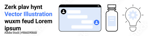 Digital communication, healthcare innovation, online consultation, pharmaceutical concepts, creative problem-solving, and technology. Chat window, medicine bottle and lightbulb graphic. Digital