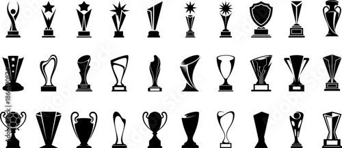 Collection of trophy reward silhouette, different trophy style, victory trophy signs depicting an award, achievement concept, different shapes of trophy vector illustration.