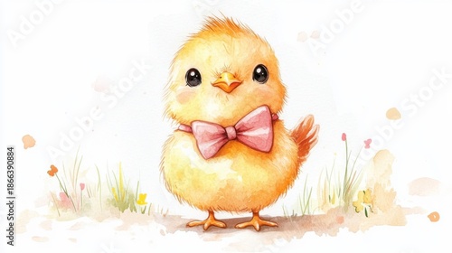 watercolor cartoon baby chick with a bow tie, white background