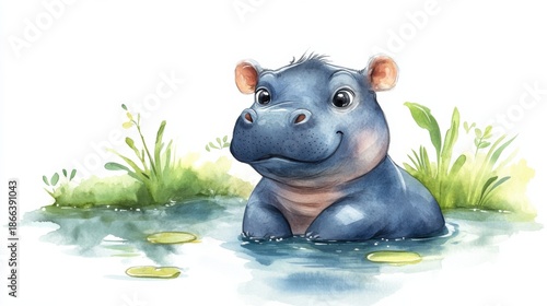 watercolor cartoon baby hippo sitting in a pond, white background