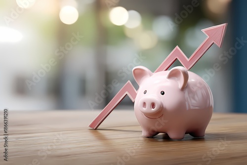 Piggy bank and growing arrow on wooden table