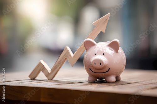 Piggy bank and growing arrow on wooden table