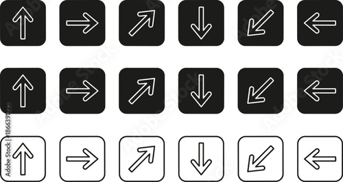 Arrow direction navigation icons set featuring up down left right diagonal symbols in rounded buttons for user interface design