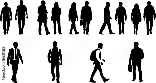 Black silhouettes of diverse people walking and commuting in various poses including businessmen and students isolated on a white background.