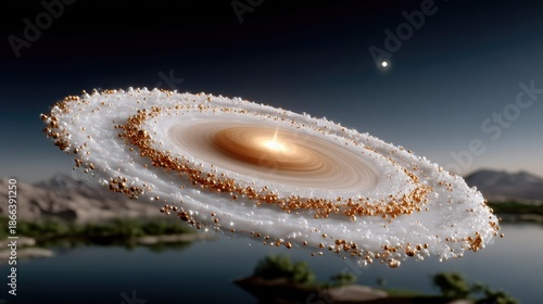 Celestial Formation: A breathtaking cosmic vista unfolds, revealing a mesmerizing celestial body. Its rings, shimmering with ethereal light, dance above a tranquil landscape of water and earth.