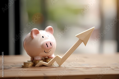 Piggy bank and growing arrow on wooden table