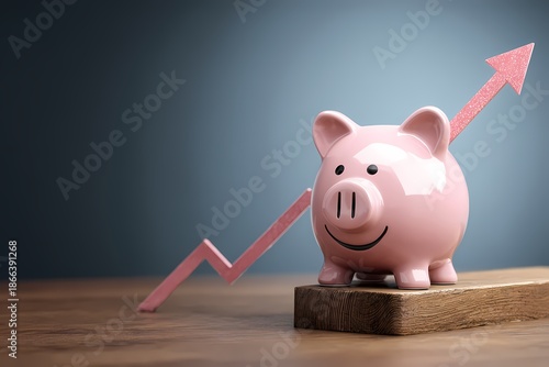 Piggy bank and growing arrow on wooden table
