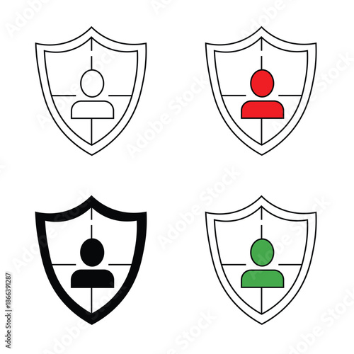 Four shield icons with human figures in the center, representing different states of security or alert.