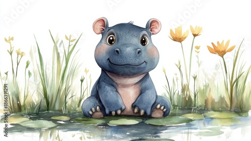 watercolor cartoon baby hippo sitting in a pond, white background