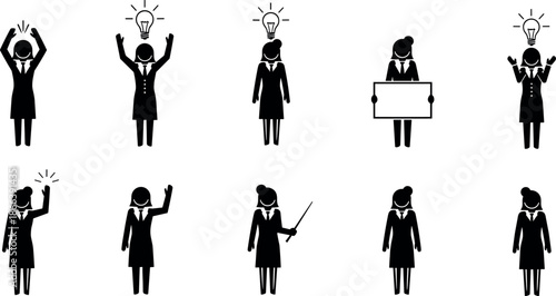 Businesswoman vector icon set showing professional woman in various poses including having an idea, presenting, holding sign, and teaching.