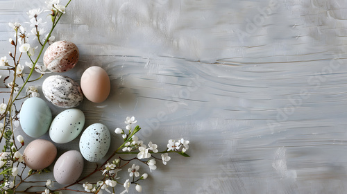 Easter eggs on wooden background with space for the sign, easter banner 