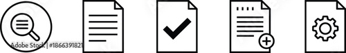 Document management and file control line icons set featuring search approve add and settings symbols for business workflow and office systems