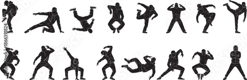 Male street dancers rendered as crisp colorful silhouette collection, showcases a unique breakdance or hip-hop pose with dynamic body language vector Illustrations set for logo,  banner.