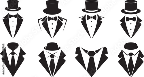 Tuxedos bow ties and top hats silhouette collection, Gentleman icons vector Illustrations set for logo,  banner, post card, invitation, flyer. 