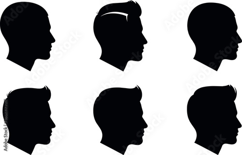 Male profile head silhouette set with various modern hairstyles like undercut pompadour and buzz cut for barber shop graphic design.