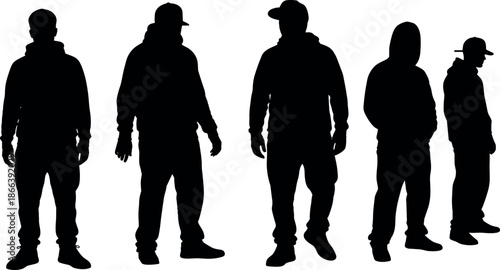 Group of Urban Men Silhouettes in Hoodies and Caps Standing in Streetwear Outfits for Hip Hop Fashion and Youth Culture