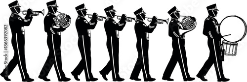 Marching Band Silhouette Illustration with Musicians Playing Trumpet French Horn and Drums in Parade Uniform for Music Festival Graphic Design
