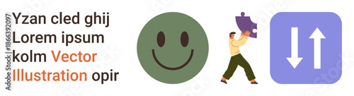 Communication, teamwork, problem-solving, balance, emotional health, direction. A smiling face, person carrying a puzzle piece and up-down arrows. Teamwork and problem-solving concept