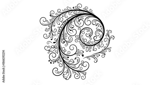 Intricate Black and White Decorative Spiral Floral Ornament on Isolated White Background