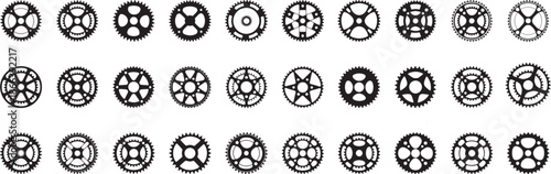 Bicycle crankset chainrings and sprockets silhouette collection, cycling parts icons vector Illustrations set for  banner, post card, invitation, flyer.