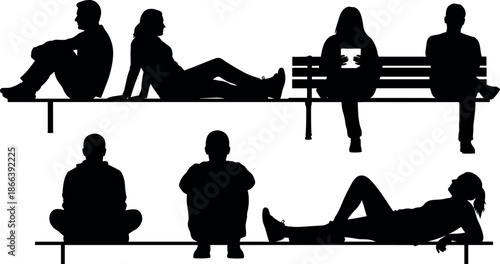 People Silhouettes Sitting and Reclining on Park Benches Collection for Architectural Visualization Urban Outdoor Lifestyle Set and Public Space Design