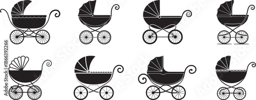 Vintage baby stroller silhouette collection, frame consists of thin curved lines forming an elegant arch structure vector Illustrations set for  banner, post card, invitation, flyer. 