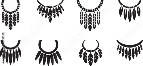 Tribal necklace ornament icon with long feather silhouette collection, vertical elements hanging vector Illustrations set for  banner, post card, invitation, flyer. 