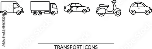 Transport vehicle line icons set featuring delivery trucks cars scooter and compact automobile symbols for logistics mobility and transportation design