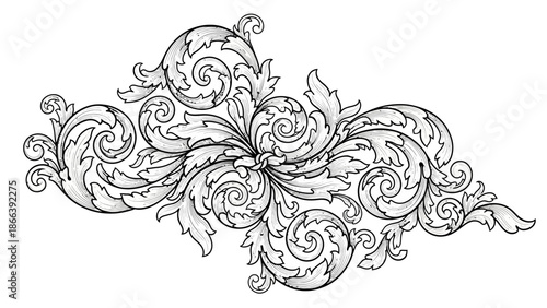 Ornate Black and White Floral Design with Rich Scrollwork on Isolated White Background