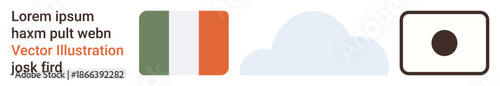 National identity, technology design, minimalism, digital content, iconography, web visuals. Features the Irish flag, a cloud and a basic camera icon. National identity and technology design idea