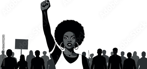 Powerful Illustration of a Black Woman Raising a Clenched Fist Leading a Diverse Crowd in a Peaceful Protest for Justice