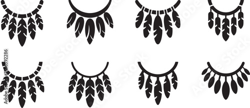 Tribal necklace ornament icon with long feather silhouette collection, vertical elements hanging vector Illustrations set for  banner, post card, invitation, flyer. 