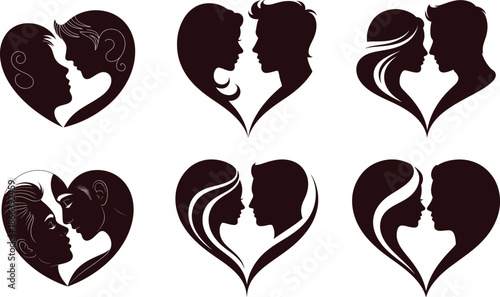 Two couple faces kissing within a heart shape various  silhouette collection vector Illustrations set for  banner, post card, invitation, flyer.