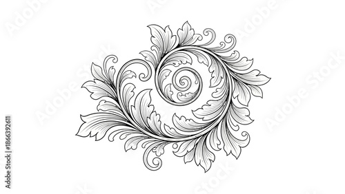 Elegant single swirling acanthus leaf ornament in a graceful circular design, isolated white background.