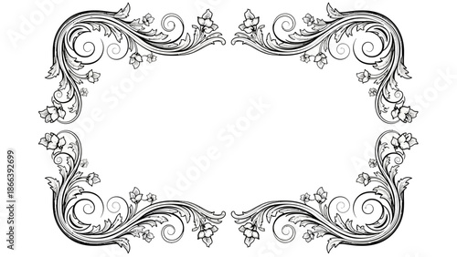 Elaborate rectangular frame with ornate floral and swirling baroque ornaments, isolated white background.