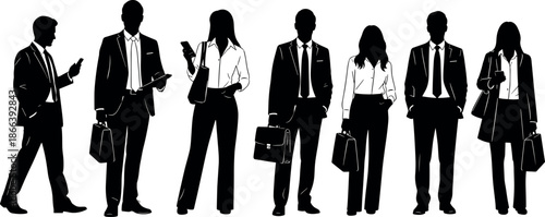 Professional Business People Silhouettes in Suits Standing and Walking with Briefcases and Smartphones for Corporate Office and Modern Career Concepts