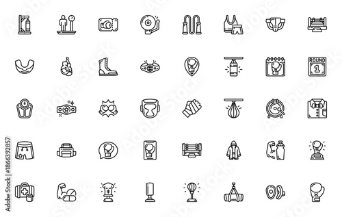 Boxing icon set. Vector illustration. Includes symbols for gloves, punching bag, ring, bell, scales, shorts, helmet, rope and more. Editable stroke.