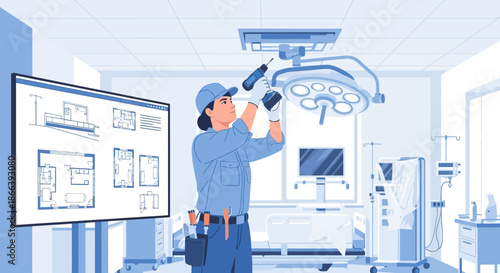 Technician Repairing Medical Equipment in Hospital Room.