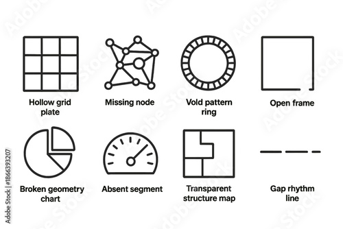 Structural Absence Icons. Line style icons of structural absence patterns: hollow grid plate, missing node diagram, void pattern